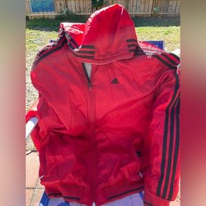 adidas reversible large jacket/sweater with hood zip up size large red and gray